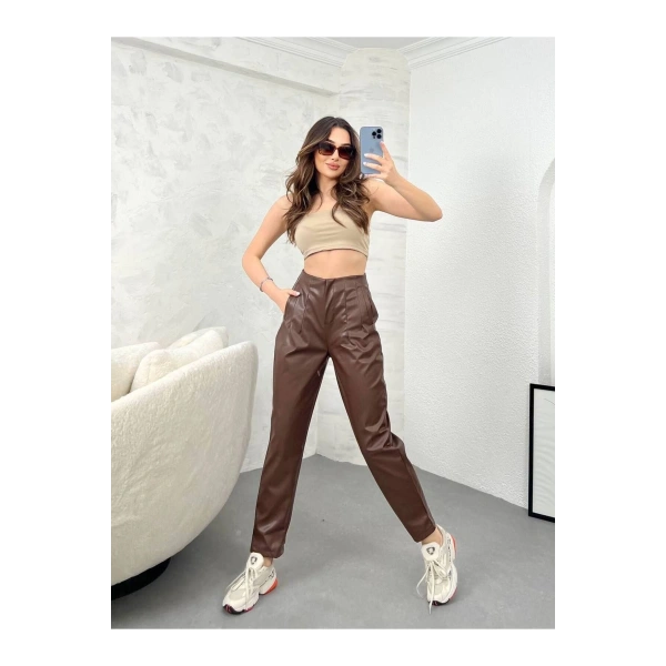 Kadın Yüksek Bel Şardonlu Deri Pantolon