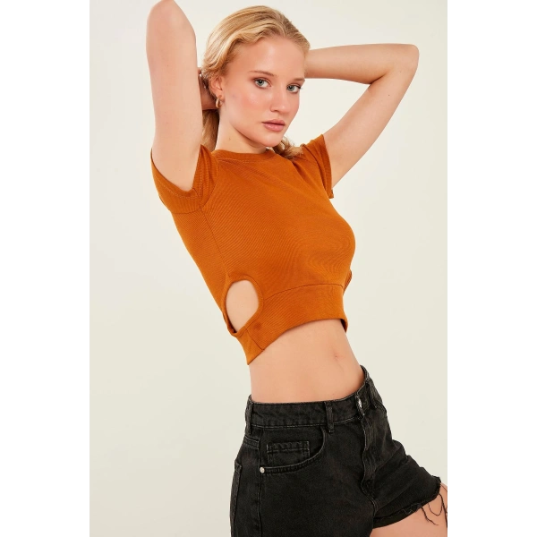 Kadın Koyu Hardal Pencere Detaylı Kaşkorse Bluz