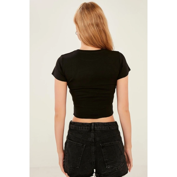 Kadın Siyah Örme Crop Bluz