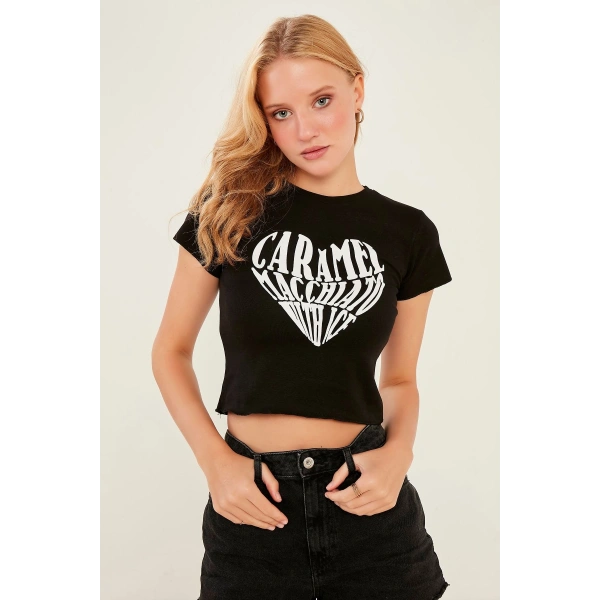 Kadın Siyah Örme Crop Bluz