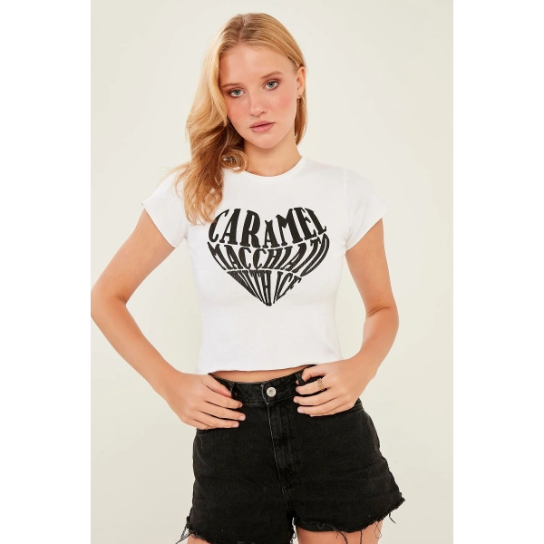 Kadın Beyaz Örme Crop Bluz