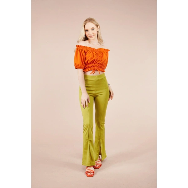 Kadın Yeşil Paçası Yırtmaçlı Ispanyol Tayt Pantolon