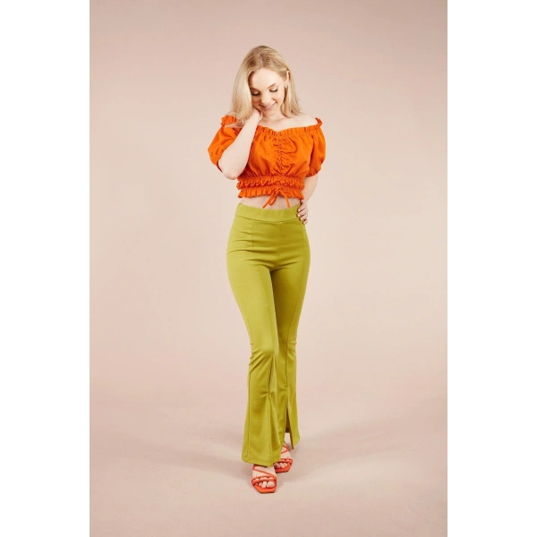 Kadın Yeşil Paçası Yırtmaçlı Ispanyol Tayt Pantolon