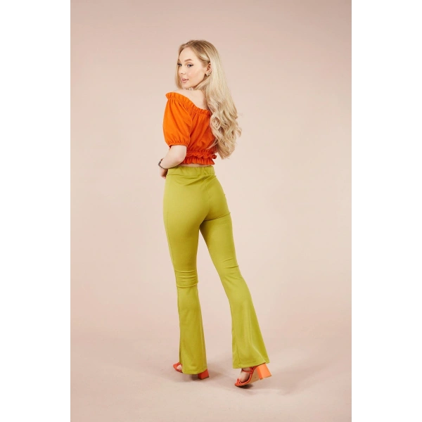 Kadın Yeşil Paçası Yırtmaçlı Ispanyol Tayt Pantolon