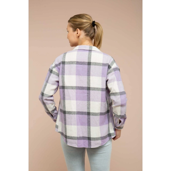 Kadın Lila Ekoseli Cepli Oduncu Gömlek