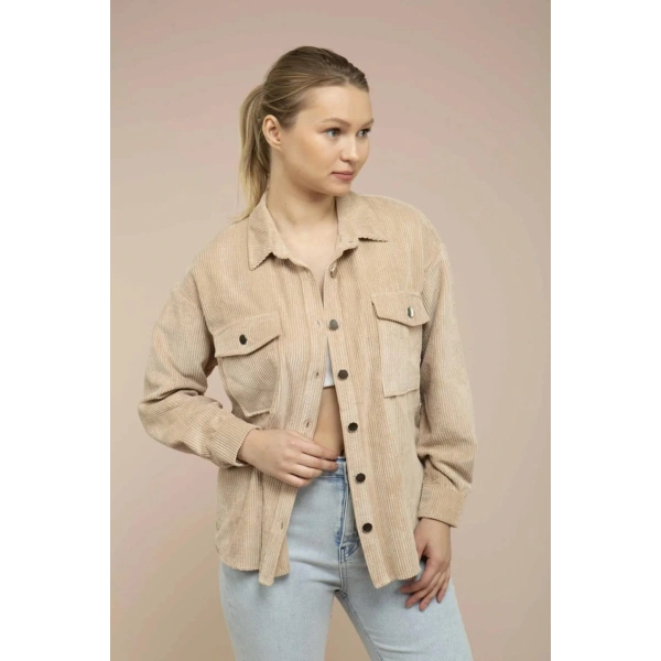 Kadın Kum Kadife Hafif Oversize Gömlek