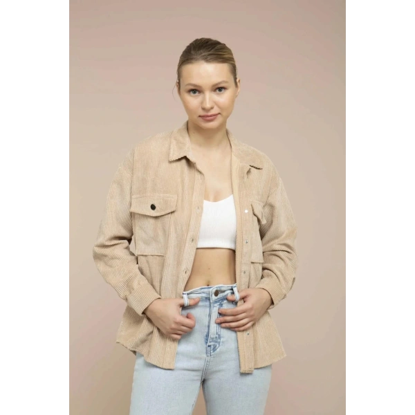 Kadın Kum Kadife Hafif Oversize Gömlek