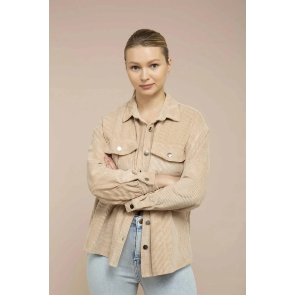 Kadın Kum Kadife Hafif Oversize Gömlek