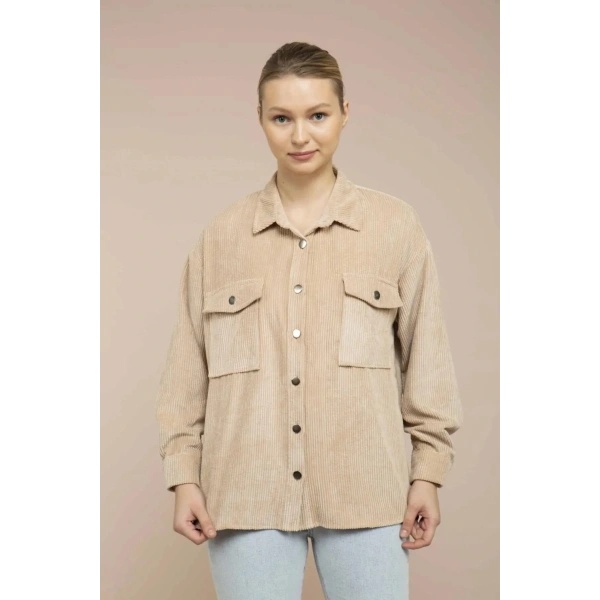 Kadın Kum Kadife Hafif Oversize Gömlek