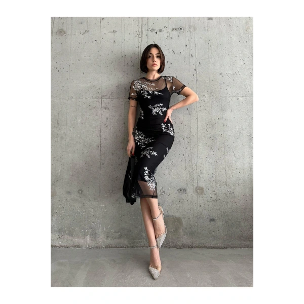 Siyah Bisiklet Yaka Yarım Kol Elbise  puqqa02