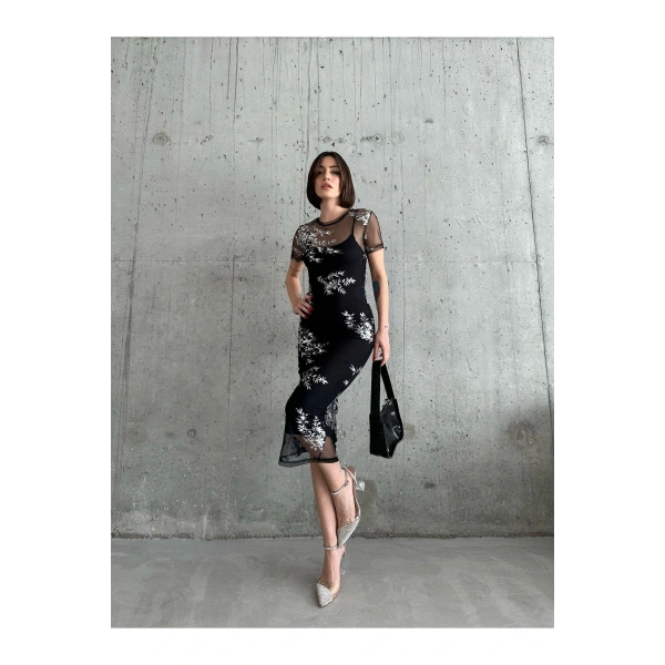 Siyah Bisiklet Yaka Yarım Kol Elbise  puqqa02