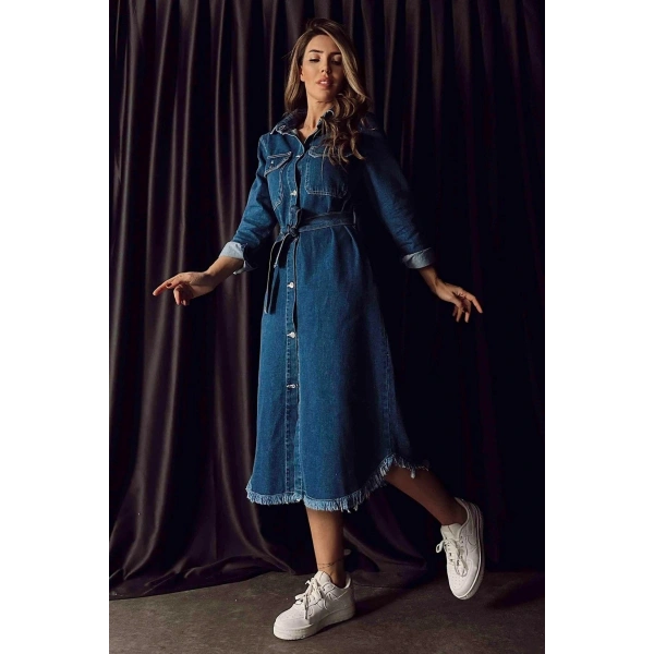 SAGİ Kadın Kuşaklı Denim Midi Elbise