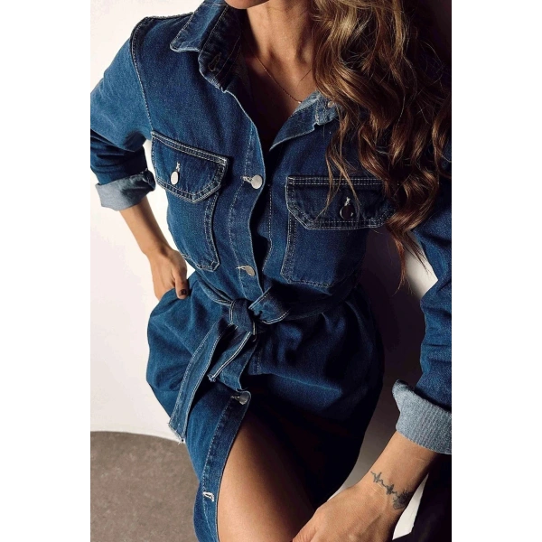 SAGİ Kadın Kuşaklı Denim Midi Elbise