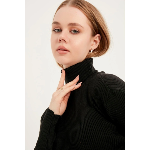 Kadın Siyah Balıkçı Yaka Triko Elbise