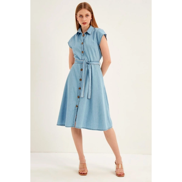 Kadın Lacivert Düğmeli Kuşaklı Kot Elbise