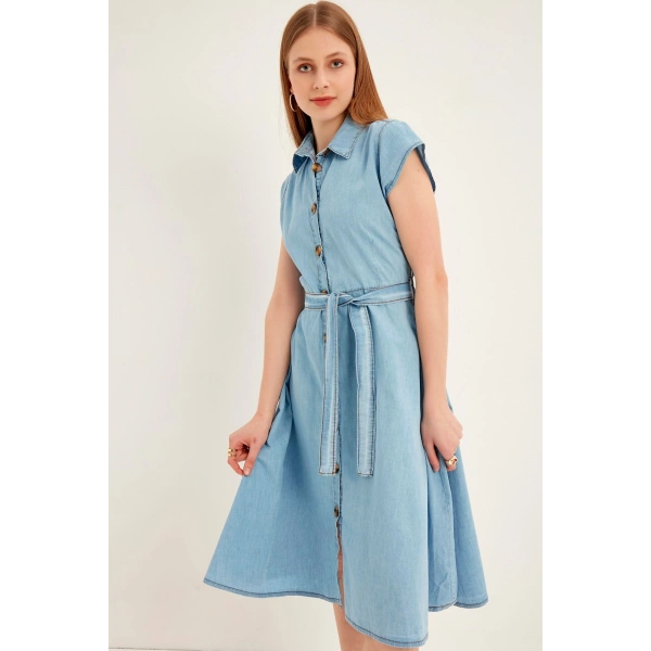 Kadın Lacivert Düğmeli Kuşaklı Kot Elbise