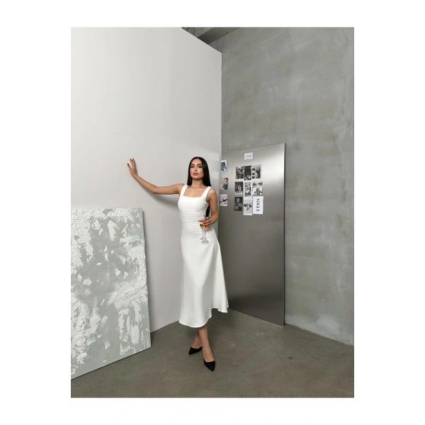 Kadın Kare Yaka Kalın Askı Tasarım Midi Boy Elbise