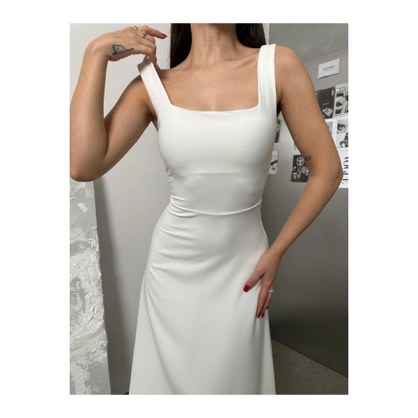 Kadın Kare Yaka Kalın Askı Tasarım Midi Boy Elbise