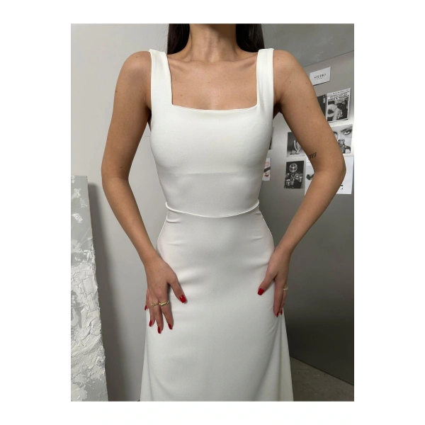 Kadın Kare Yaka Kalın Askı Tasarım Midi Boy Elbise