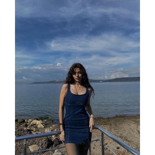 Kadın Mavi Askılı Kot Elbise