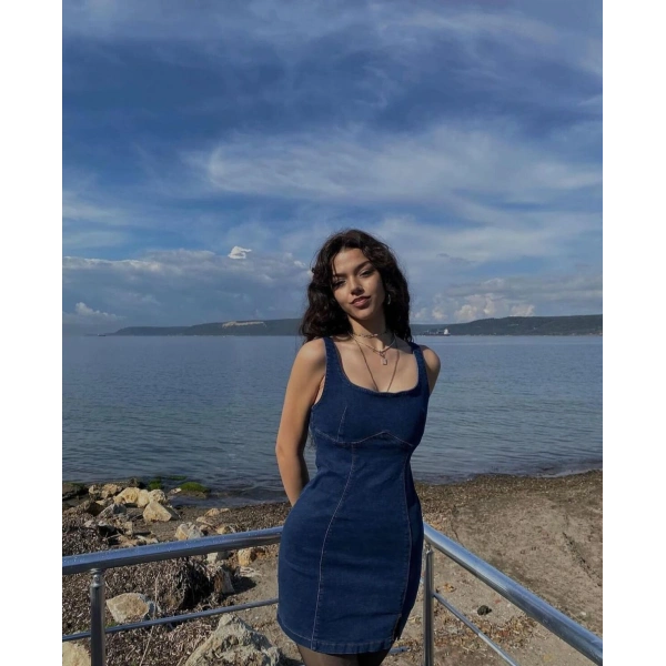Kadın Mavi Askılı Kot Elbise