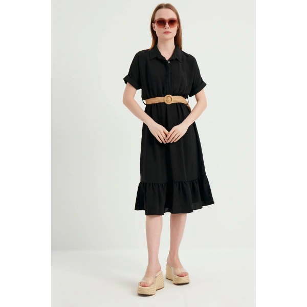 Kadın Siyah Kemerli Ayrobin Elbise