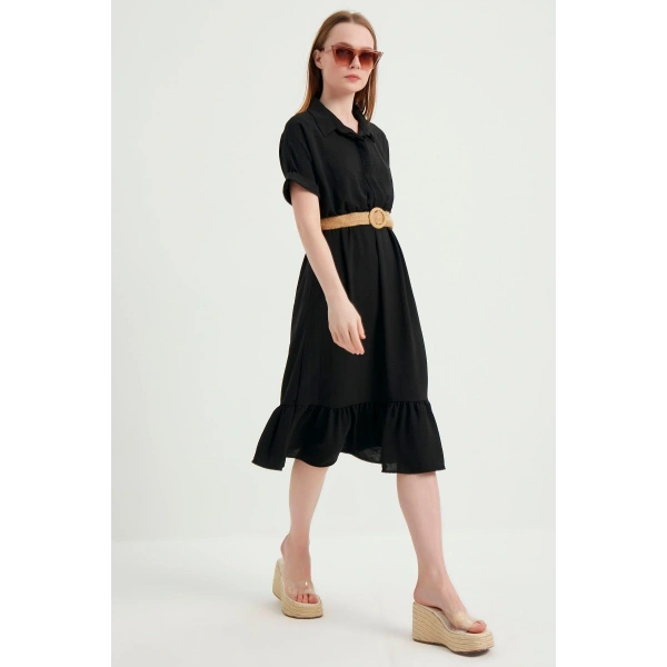 Kadın Siyah Kemerli Ayrobin Elbise