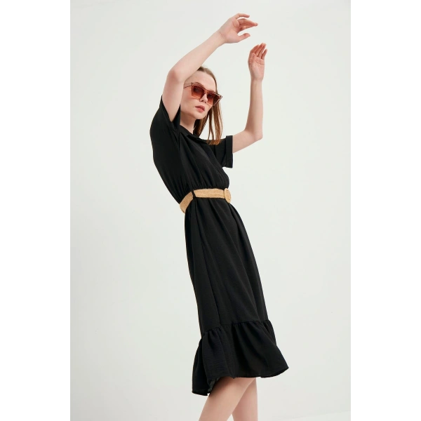 Kadın Siyah Kemerli Ayrobin Elbise