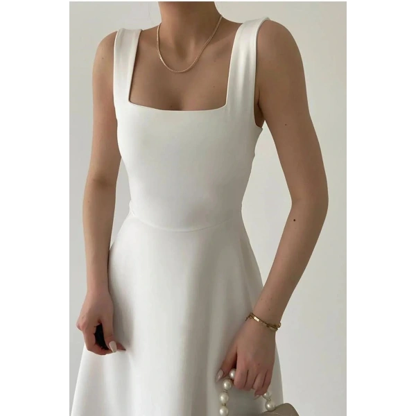 Kadın Kare Yaka Kalın Askı Tasarım Midi Boy Elbise Siyah