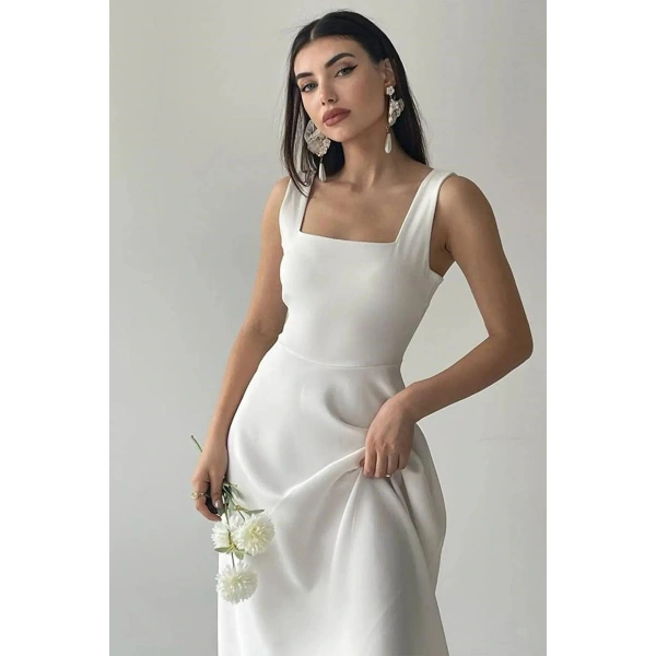 Kadın Kare Yaka Kalın Askı Tasarım Midi Boy Elbise Siyah