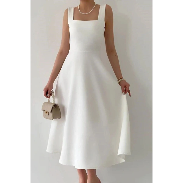 Kadın Kare Yaka Kalın Askı Tasarım Midi Boy Elbise Siyah