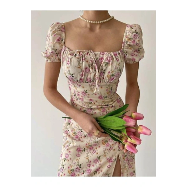 Kadın Sarı Çok Renkli Çiçek Desenli Kare Yaka Yırtmaçlı Premium Midi Elbise 02