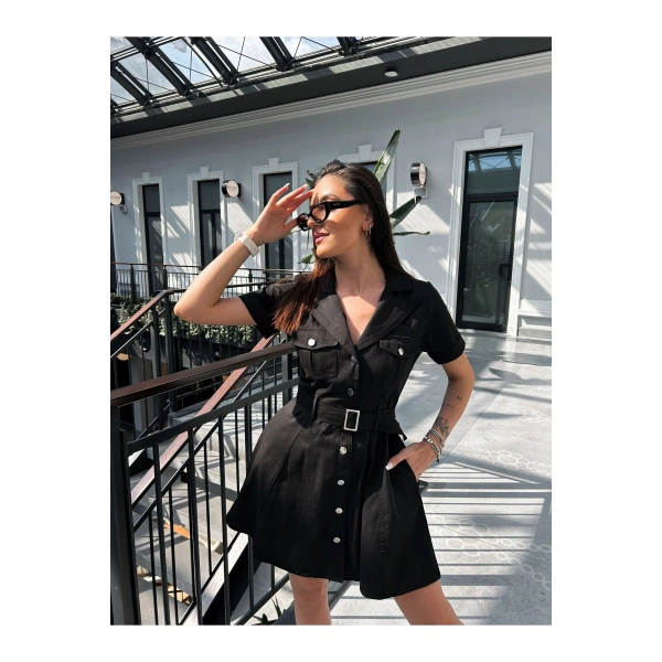 Kadın Siyah Gabardin Kemerli Elbise