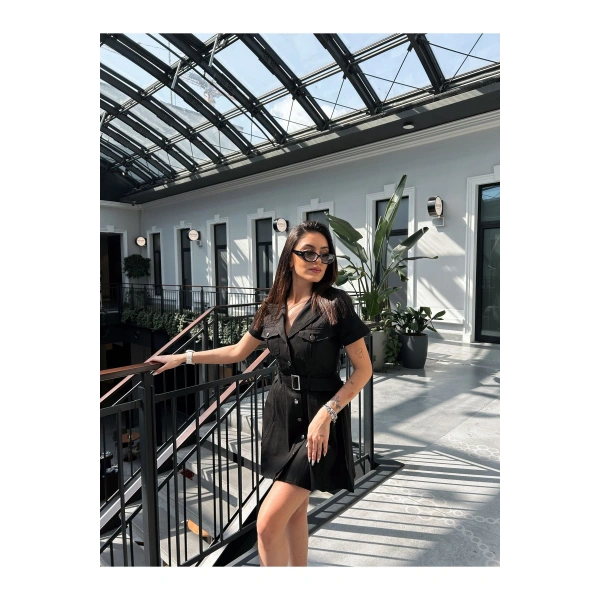 Kadın Siyah Gabardin Kemerli Elbise