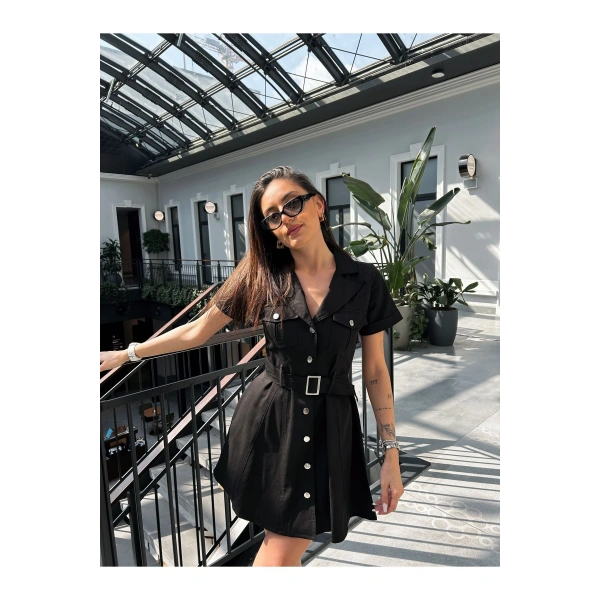 Kadın Siyah Gabardin Kemerli Elbise