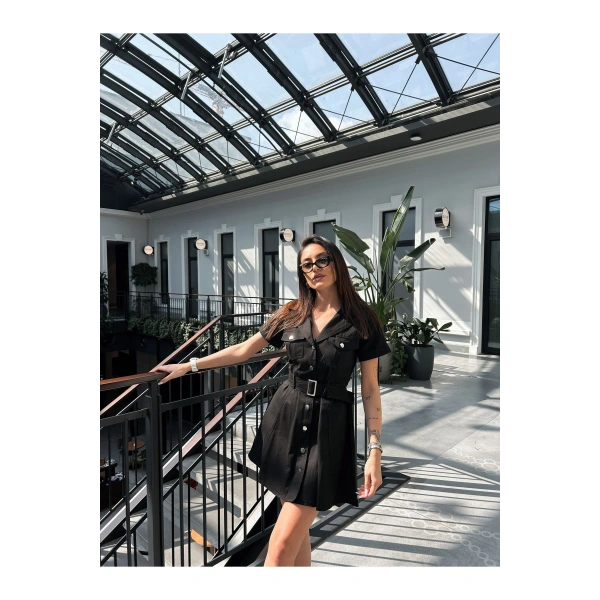 Kadın Siyah Gabardin Kemerli Elbise