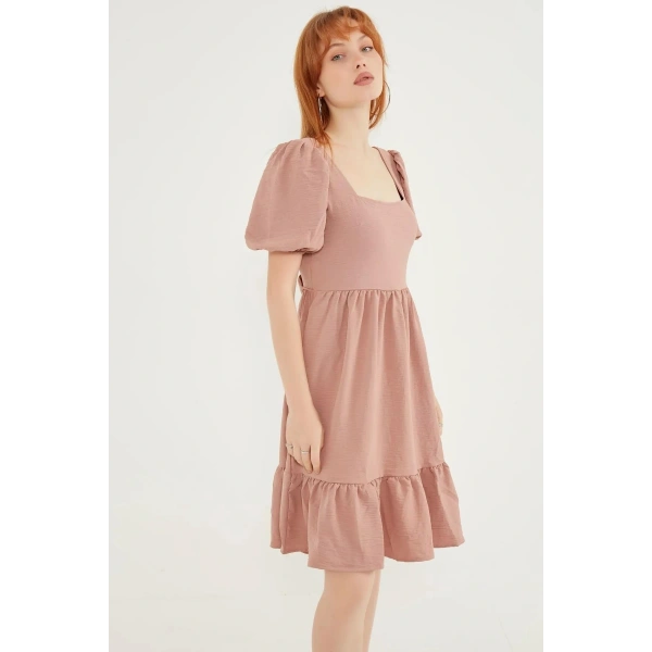 Kadın Gül Kurusu Sırt Bağlamalı Kare Yaka Elbise