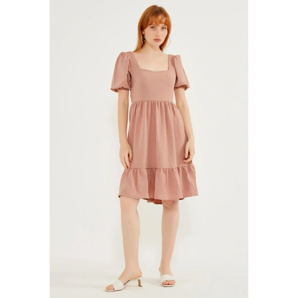 Kadın Gül Kurusu Sırt Bağlamalı Kare Yaka Elbise