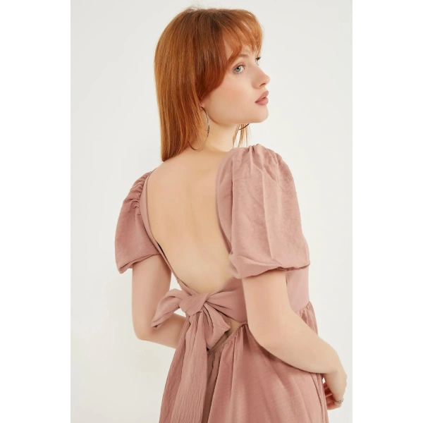 Kadın Gül Kurusu Sırt Bağlamalı Kare Yaka Elbise