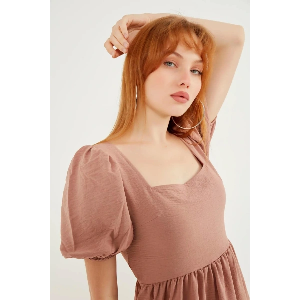 Kadın Gül Kurusu Sırt Bağlamalı Kare Yaka Elbise