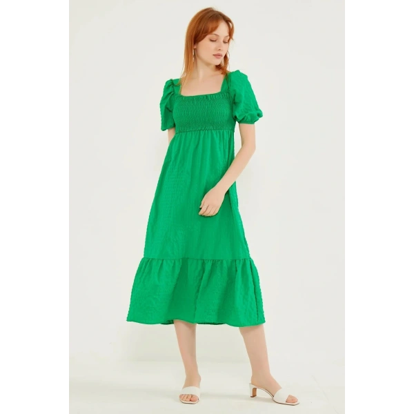 Kadın Koyu Yeşil Gipeli Gofre Elbise