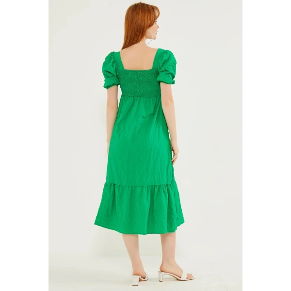 Kadın Koyu Yeşil Gipeli Gofre Elbise