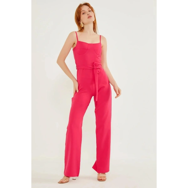 Kadın Arkası Çapraz Detaylı Pembe Tulum Elbise