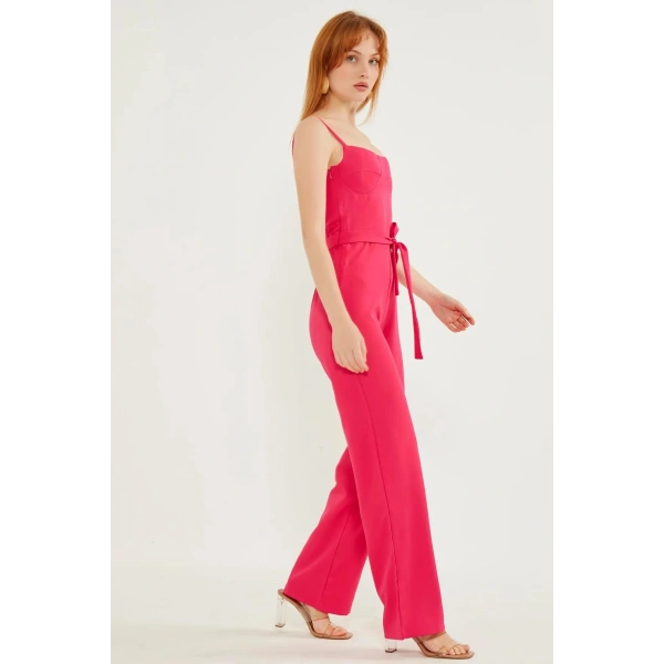 Kadın Arkası Çapraz Detaylı Pembe Tulum Elbise