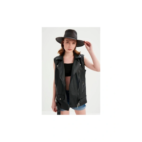 Kadın Siyah Deri Biker Oversize Yelek