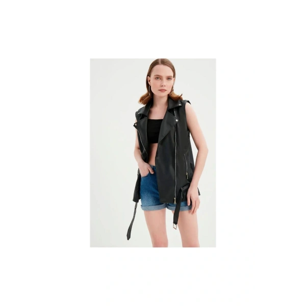 Kadın Siyah Deri Biker Oversize Yelek