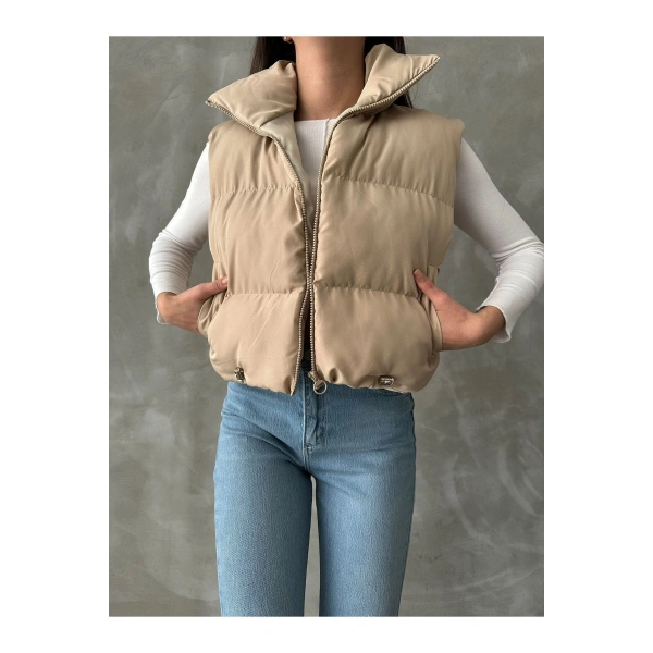 Kadın Krem Dik Yaka Şişme Yelek