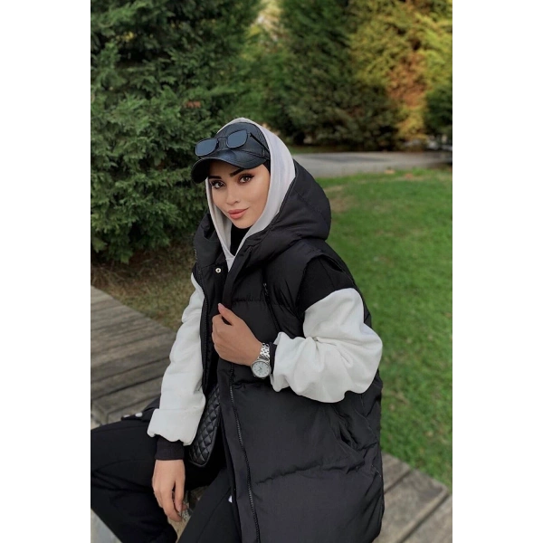 Kadın Siyah Kapüşonlu Dolumlu 3 Cepli Şişme Yelek