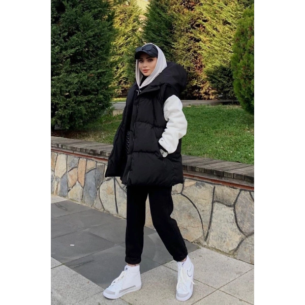 Kadın Siyah Kapüşonlu Dolumlu 3 Cepli Şişme Yelek