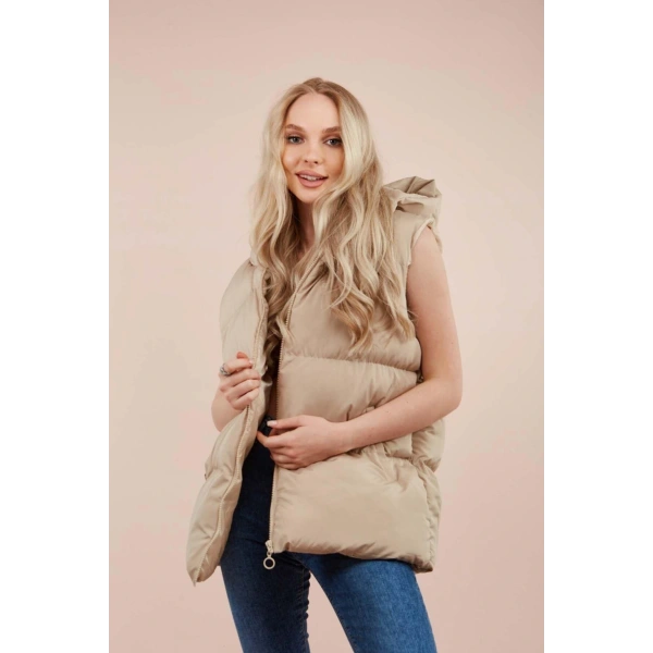 Kadın Krem Kapüşonlu Oversize Şişme Yelek